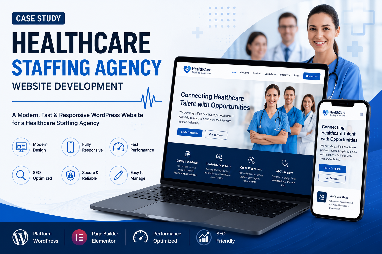 Healthcare staffing agency website developed using WordPress and Elementor